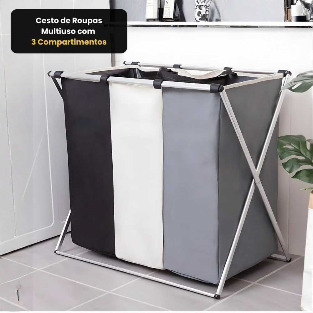 CESTO DE ROUPA SUJA MULTIUSO KIT COM 3 COMPARTIMENTOS OU UNITARIO