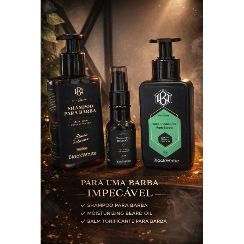 kit barba impecável Black White -Balm, Óleo, Shampoo de Barba