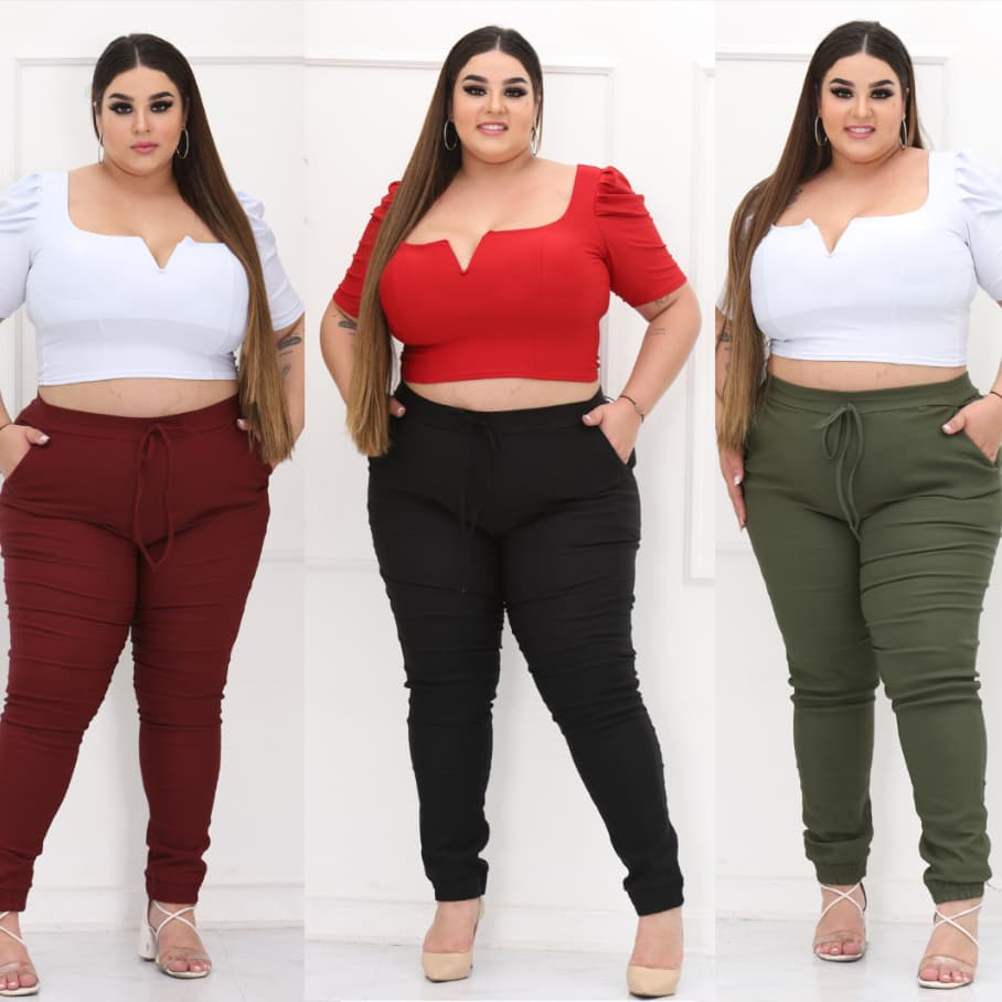 Calças Jogger Feminina Plus Size 42 52 Preto Vinho Verde Roupa Calça Feminina Moda Plus Bloguerinha Plus Gordinha