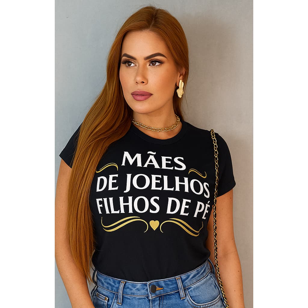 Blusa Feminina T-Shirt Evangélica Gospel Mães de Joelhos Filhos de Pé Plus Size Viscolycra