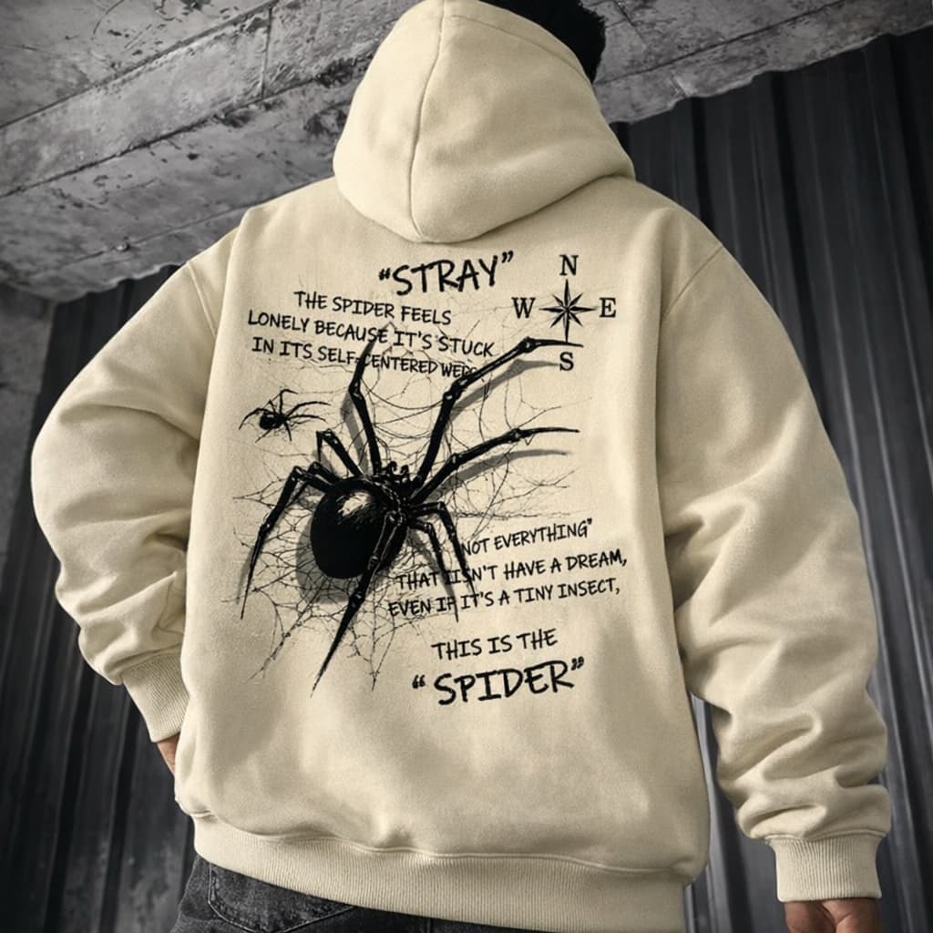 Moletom Casual Masculino com Capuz, Estampa de Aranha e Texto Humorístico, Padrões Geométricos, Bolsos Frontai