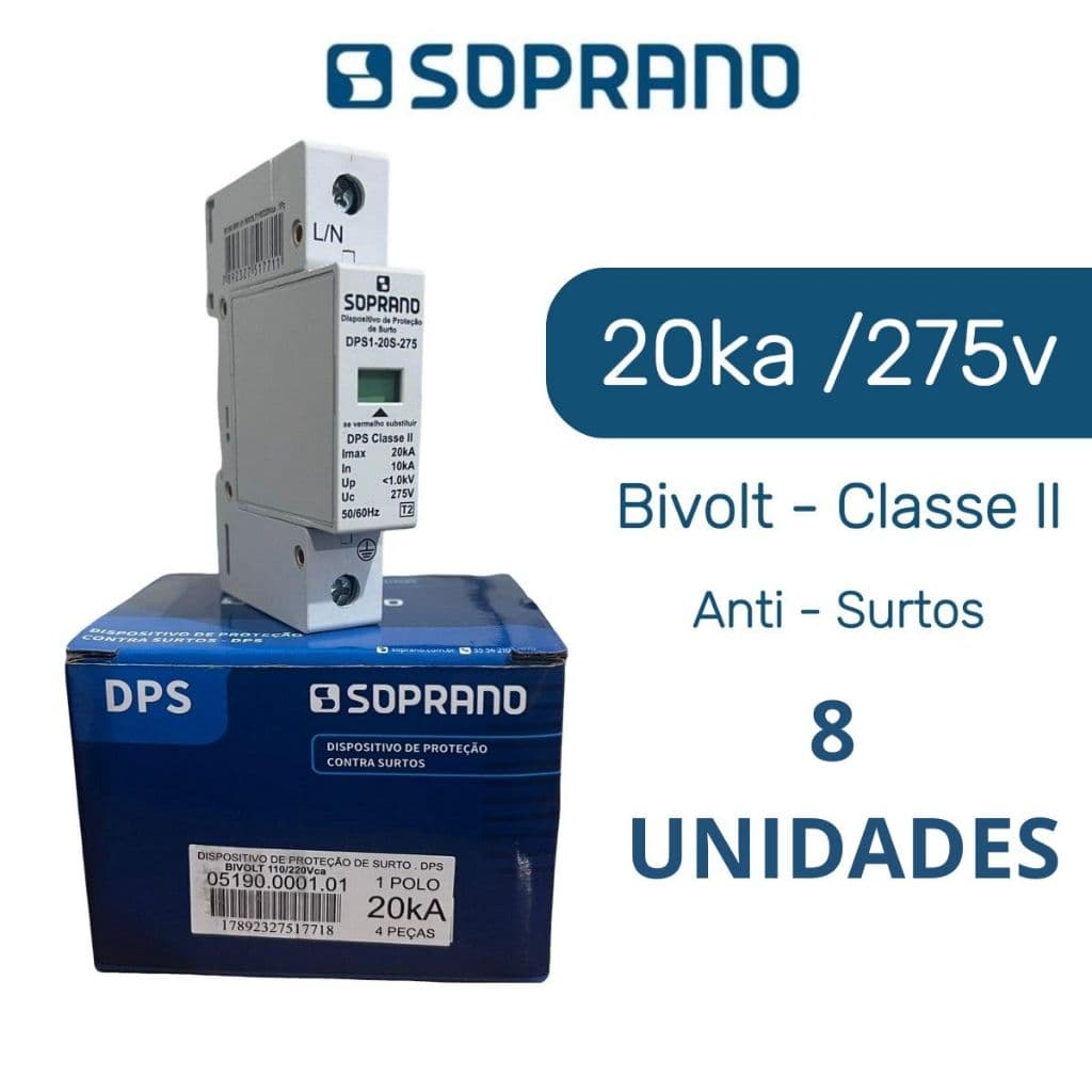 Kit 8 DPS Protetor Surto 20ka Anti Raio 1p 275v Bivolt Soprano