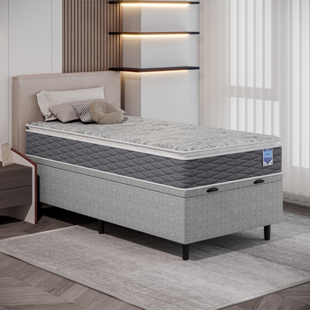 Cama Box com Colchão Solteiro Cinza Umaflex Baú Organizador 88x188 Baú para Quarto