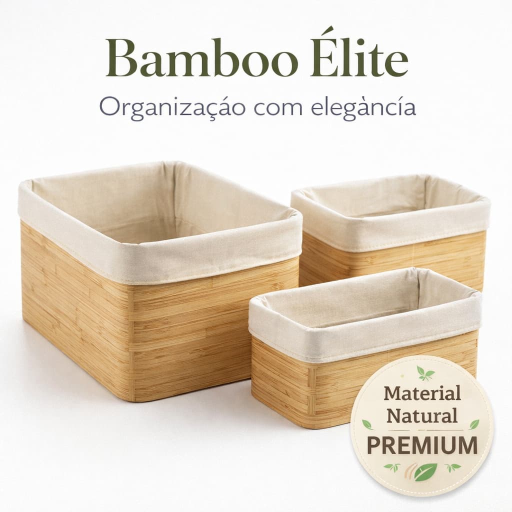 Kit 3 Cestos Organizadores em Bambu Natural Multiuso Decorativo Premium Bamboo Élite