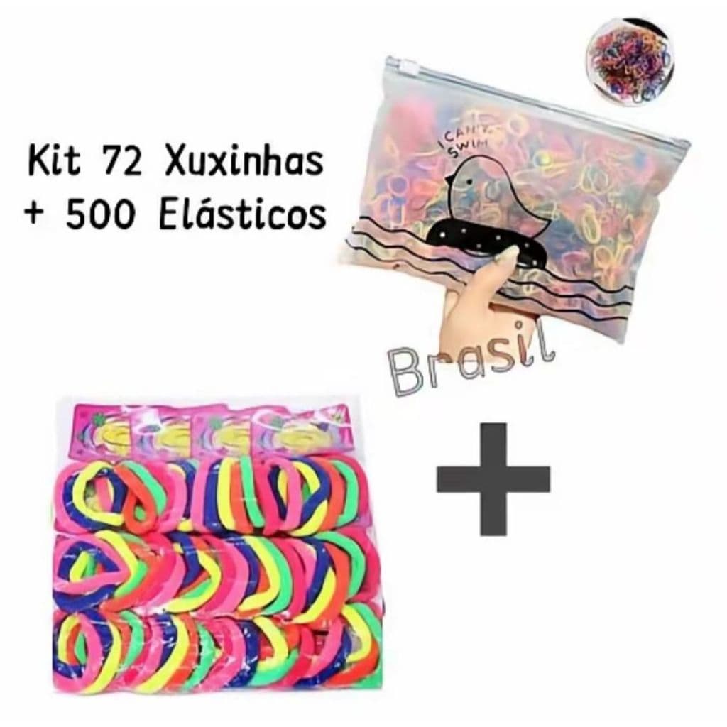Kit 72 Xuxinhas e 500 Elásticos De Cabelo Multicolorido