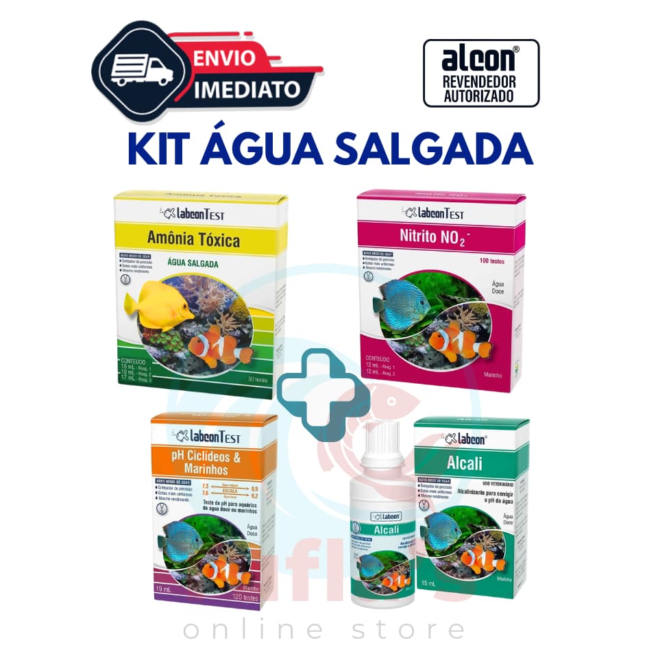 Kit 4 Testes Aquário Marinho de Peixes - Amônia + Teste PH + Nitrito + Alcali Labcon