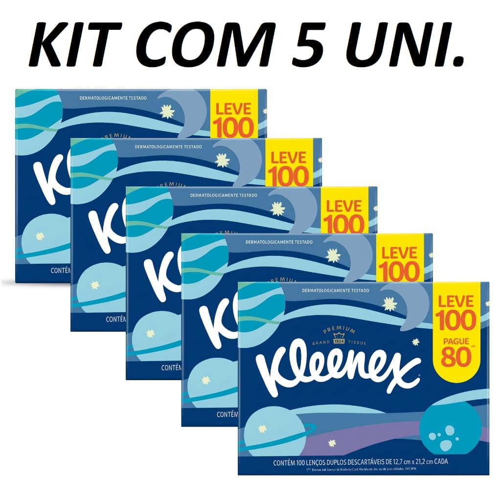KIT COM 5 LENÇOS PAPEL KLEENEX DIA A DIA DUPLOS LEVE 100 PAGUE 80