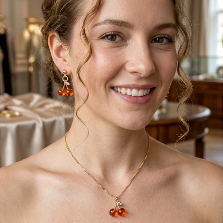 Colar e Brincos com Pingente de Cereja - Elegância