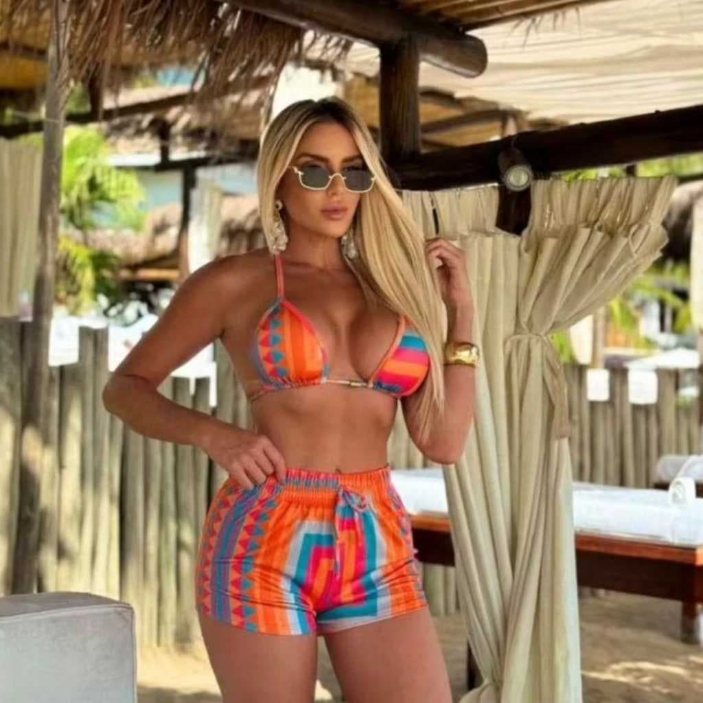 Conjunto Biquíni Cortininha + Shortinho | Look Feminino Praia Verão Colorido Laranja Indiano
