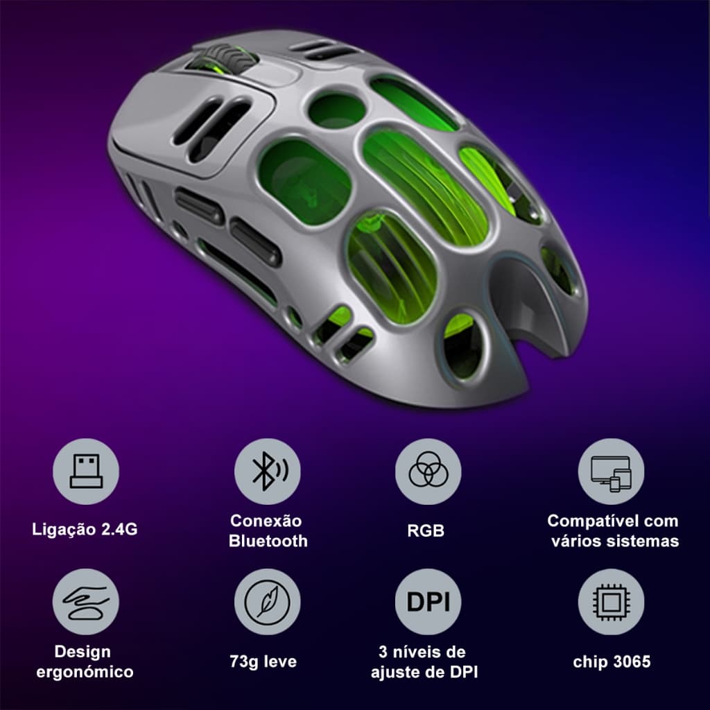 Mouse ergonômico sem fio Bluetooth cinza, três modos, Bluetooth 2,4 GHz, adequado para jogos, casa e escritório