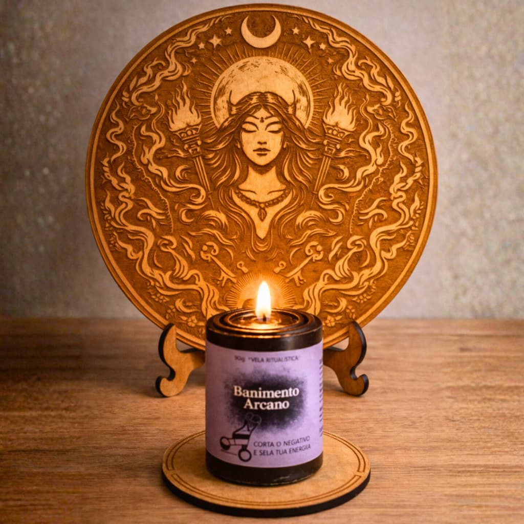 Kit Hécate Mandala 18cm + Vela Aromática Banimento Arcano + Selo MDF Ritual Proteção Energia Bruxaria Wicca