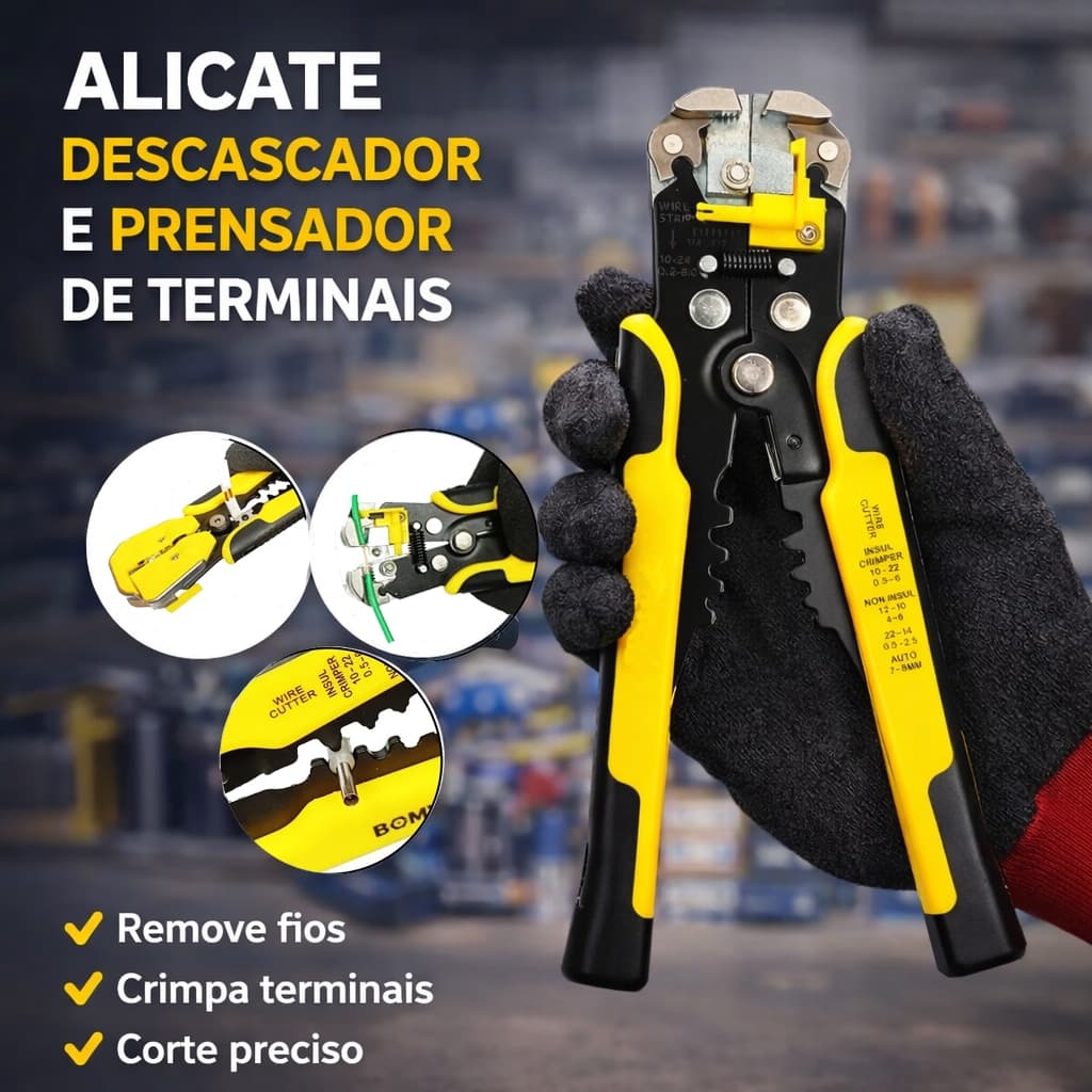 Alicate Decapador de fio Profissional 3 em 1 – Crimpa, Corta e Desencapa Fios - Ajuste de medidas