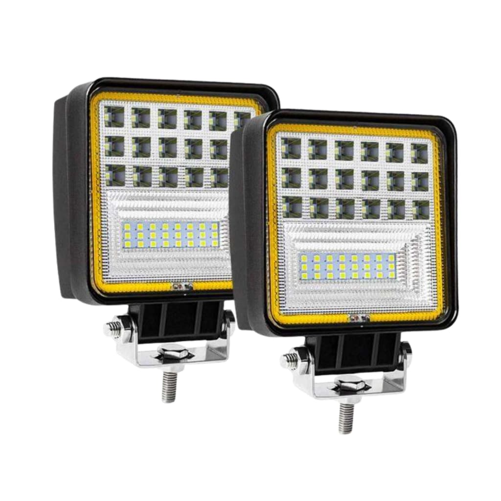 Kit 2 Farol De Milha Quadrado 126W 42 LEDs DRL 12V 24V Off Road 6000K Super Branco