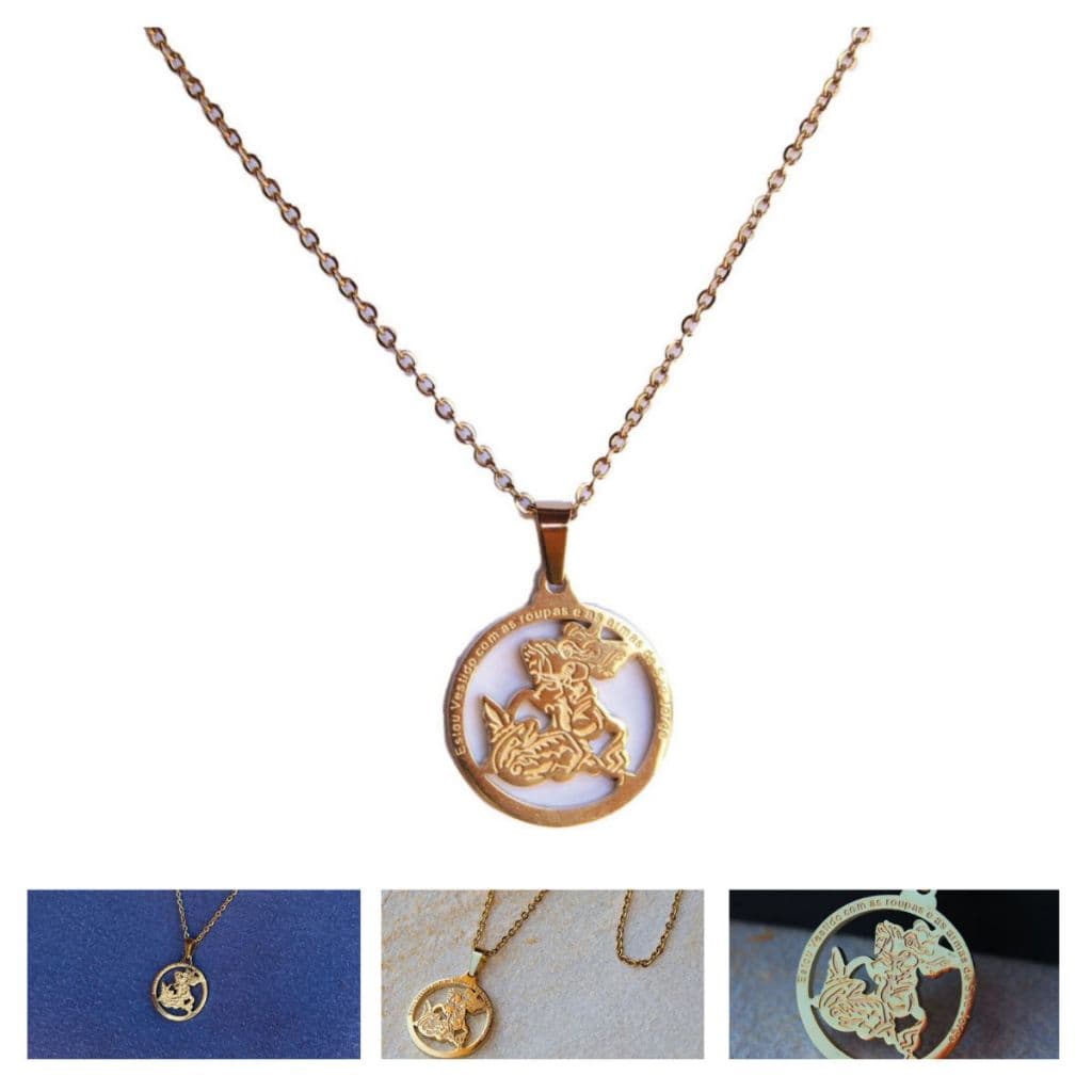 Cordão São Jorge O Santo Guerreiro Colar Aço Inox Corrente com Pingente Dourado Banhado a Ouro 18k