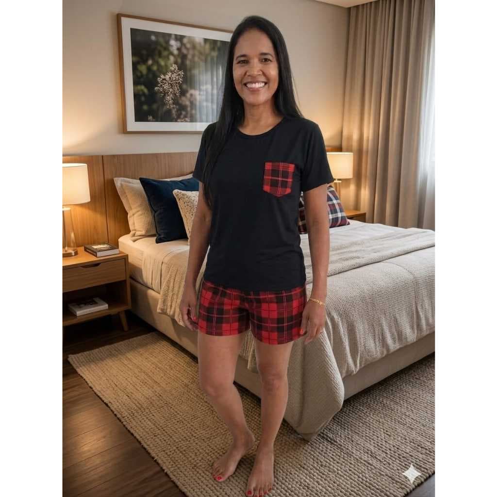 Pijama feminino meia manga xadrez
