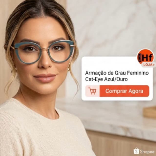 Armação de Grau Feminino Gatinho Azul Brilhante | Hastes Douradas /Envio Imediato