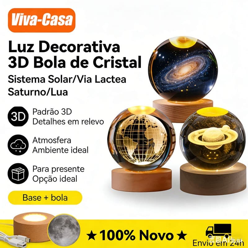 Luminária Bola de Cristal 3D LED Base Madeira Decoração Quarto Sistema Solar Lua Galáxia Presente Criativo