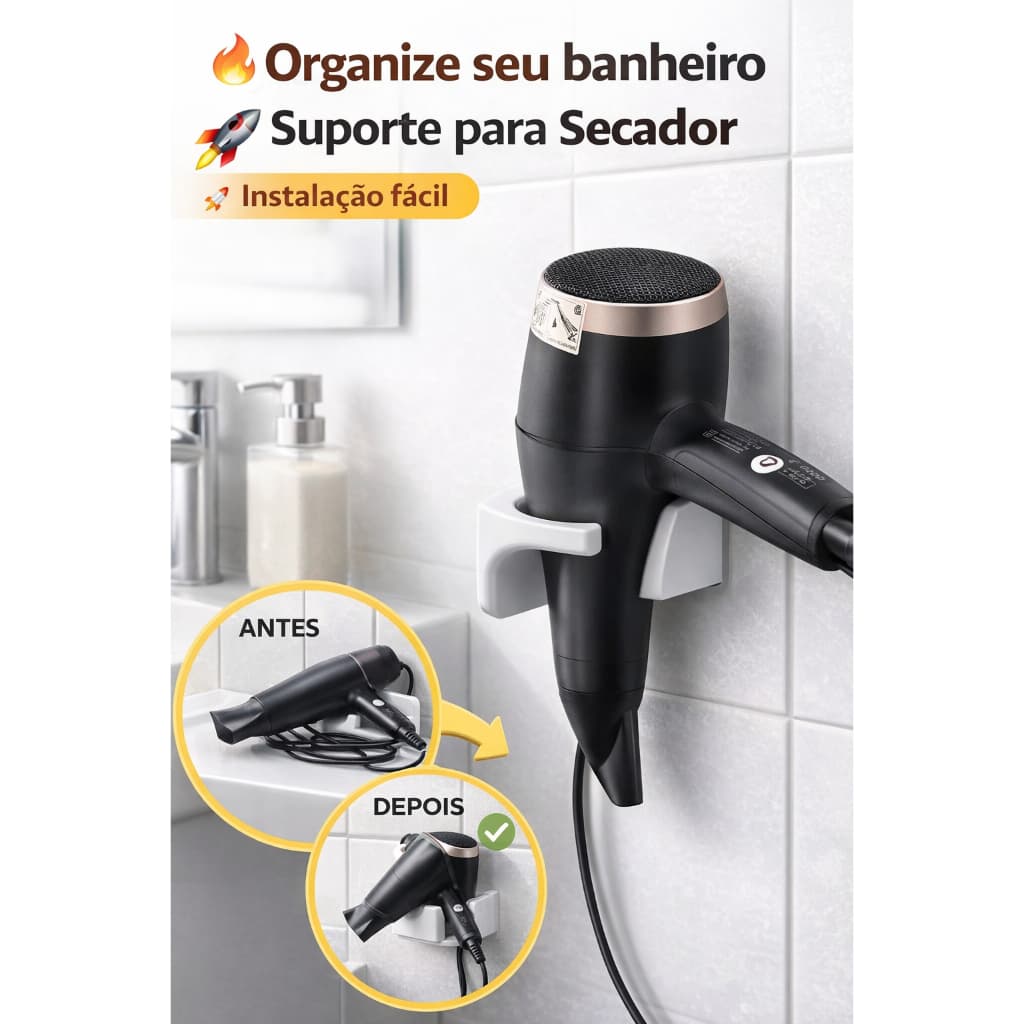 Suporte para Secador de Cabelo Parede Organizador Banheiro