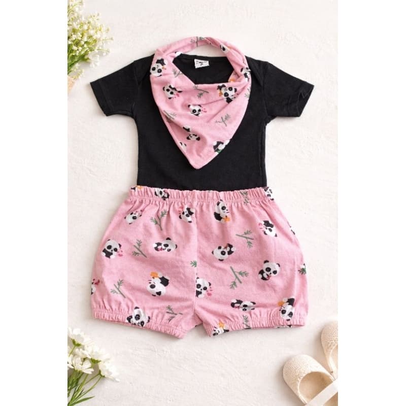 Conjunto Bebê Bandana Body Shorts Menina Panda
