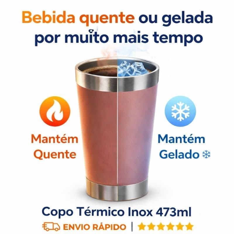 Copo Térmico Inox 473ml com Tampa e Abridor Parede Dupla Bebidas Quentes e Frias Rosê