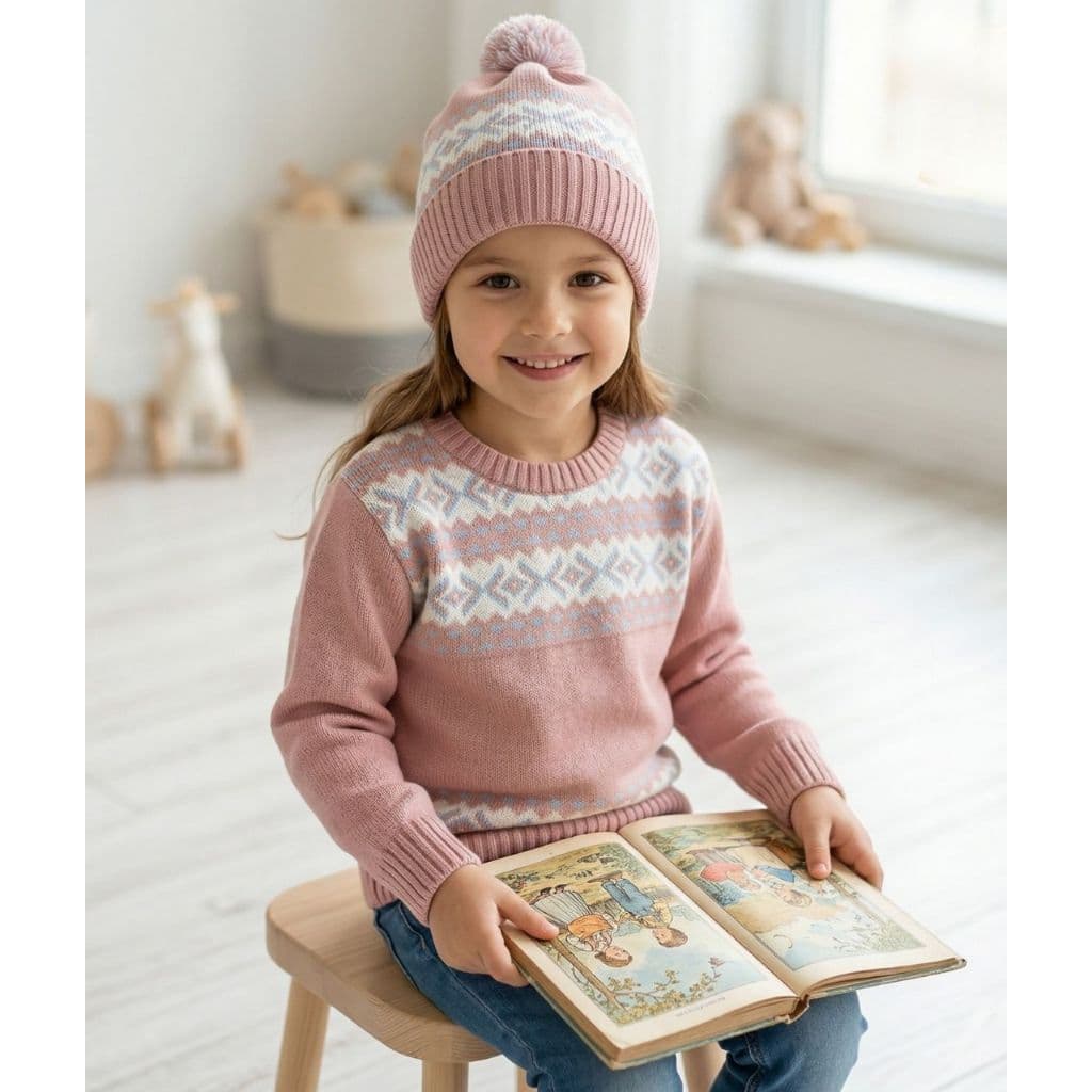 Conjunto Infantil Tricô Inverno Menina Blusa De Lã Manga Longa + Touca Gorro Pompom Kit 2 Peças Quentinho Premium