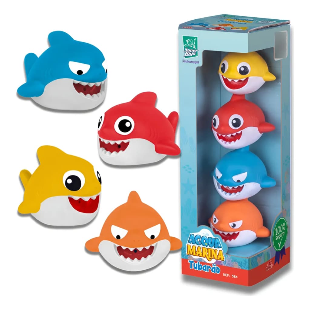 Kit 04 Tubarão Mordedor Soft Para Bebês Brinquedo Infantil Macio Banheira