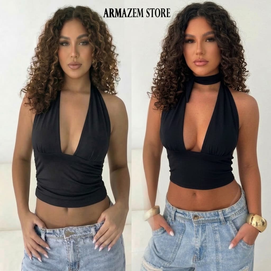 Blusa Cropped Feminino Top Com Amarraçao Multiformas Decote Forrado Festa Premium Decotado Suplex Slim Sustentação  4.8