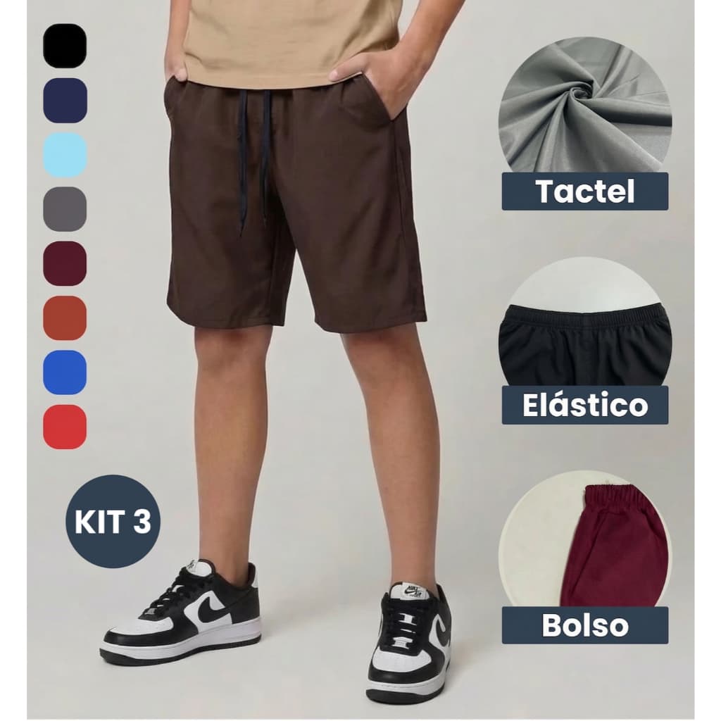 Kit 3 Bermuda Masculina Tactel com Elastano Infantil Juvenil Criança Short Liso Uniforme Escolar - Tamanho 2 ao 16