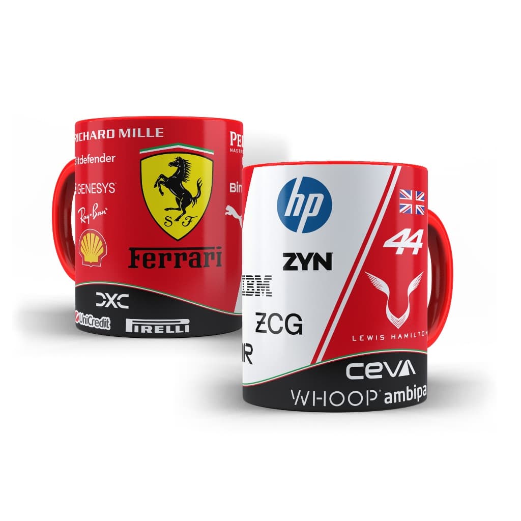 Caneca Fórmula 1 Ferrari 2026 | Lewis Hamilton #44 | 325 ml Cerâmica Premium