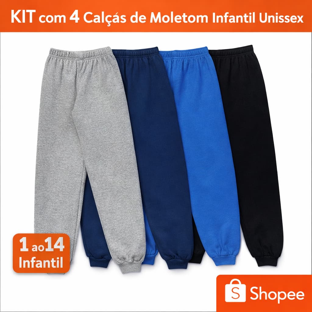 KIT 4 Un Calça Moletom Infantil 1 a 14 anos unissex menina e menino cores sortidas lisa alta qualidade