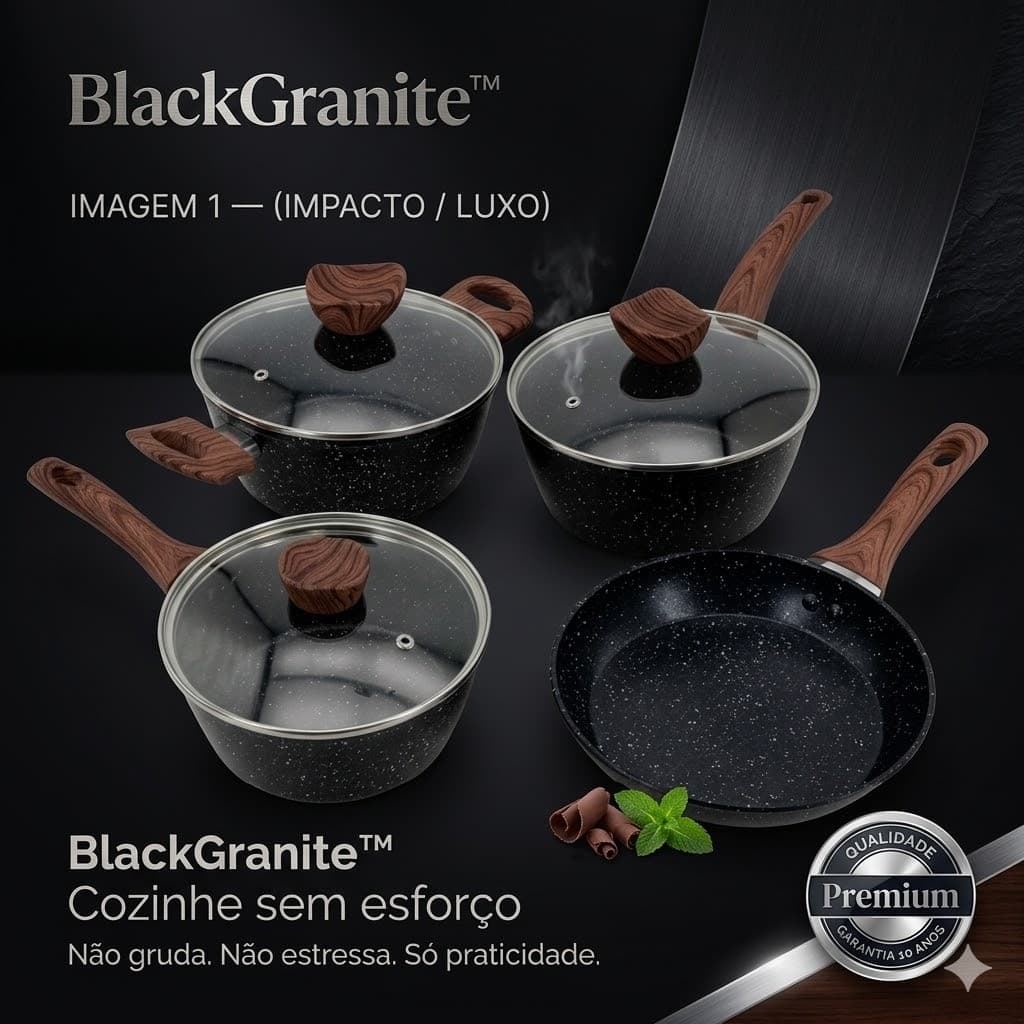 Jogo de Panelas Antiaderente BlackGranite™ 4 Peças com Tampa de Vidro Fácil Limpeza Premium