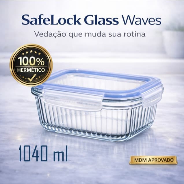 Pote Hermético Vidro Borossilicato 1040ml SafeLock Glass Waves™ Anti Vazamento Marmita Premium Tampa