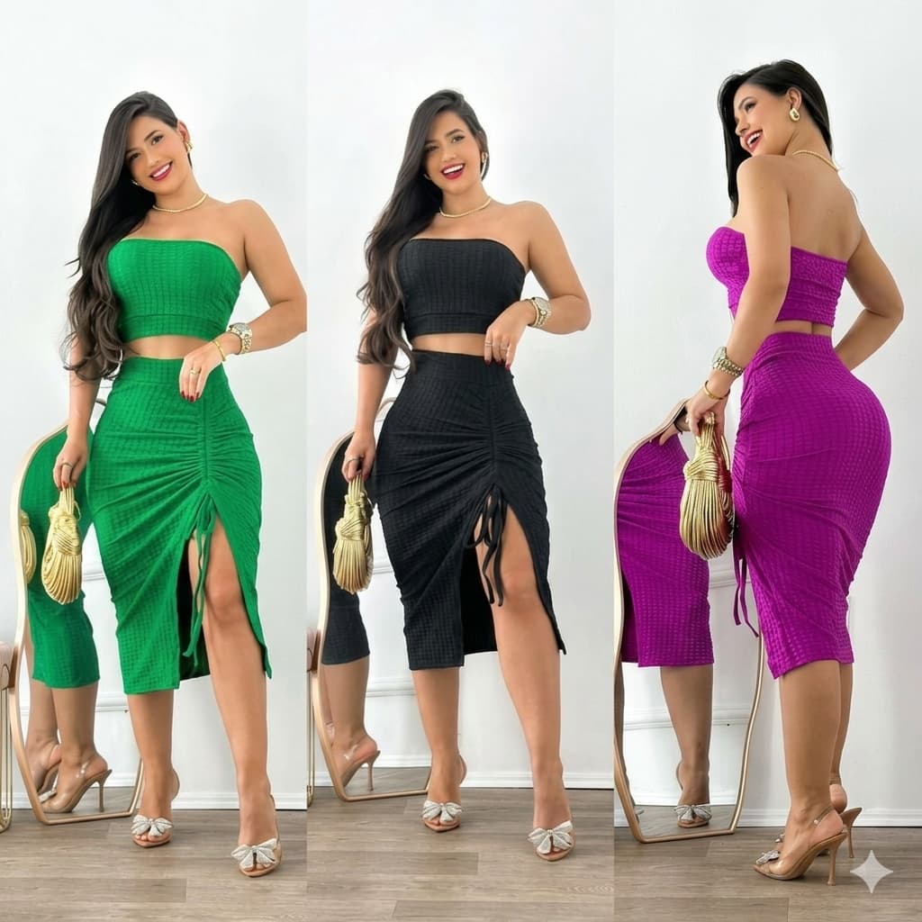 Conjunto Tomara que Caia Feminino Elegante com Cropped com Bojo e Saia com Fenda Tecido premium Buble