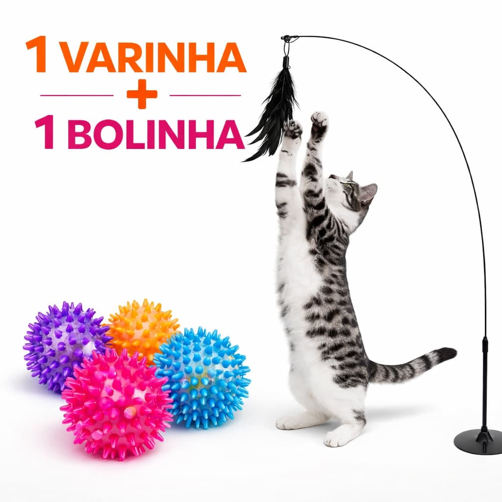 Brinquedos Varinha Interativa Pena Bolinha Colorida  Kit com Guizo Gato Pet Varinhas Penas Guizo