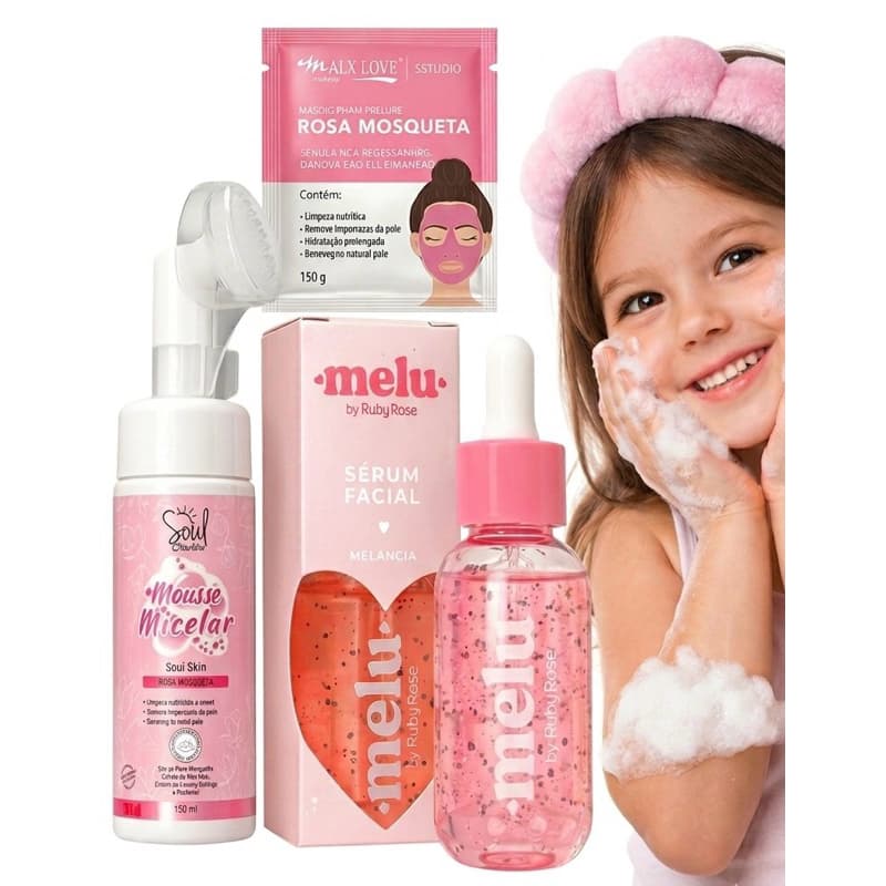 Kit Skincare feminino Melu Melancia + Mousse Micelar + Máscara Facial Rosa Mosqueta Spa Day Menina