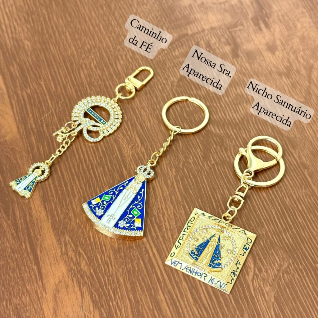 Chaveiro Religioso Dourado Caminho da Fé | Nossa Senhora Aparecida | Nicho Santuário católico