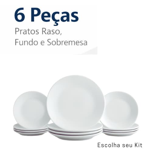 Jogo de Prato Branco com 6 Pratos Redondo de Vidro Fundo, Raso ou Sobremesa