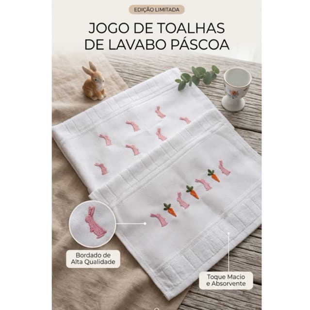 Kit Toalha Branca Lavabo Páscoa Bordada Aveludada Presente Premium