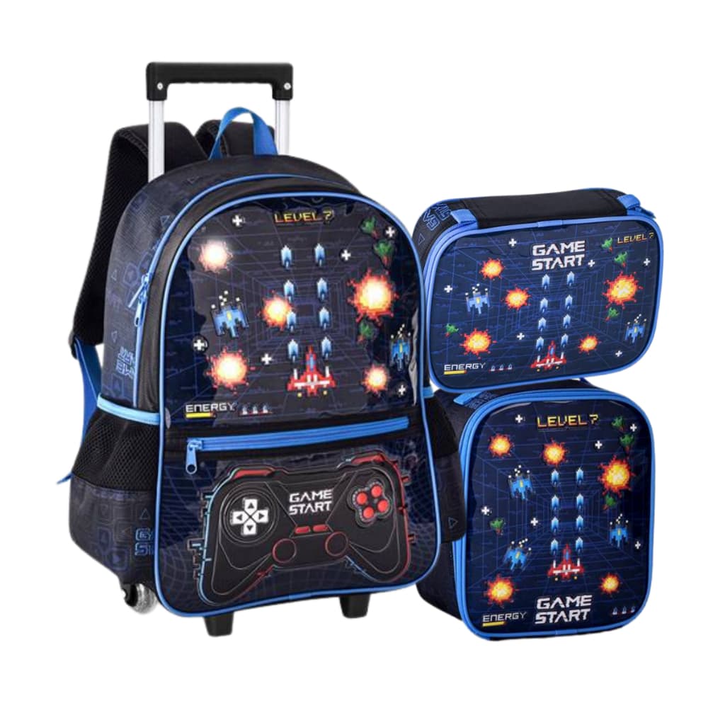 Kit Mochila Infantil Escolar com Rodinha Menino Video Game Luzinha Fliperama Arcade