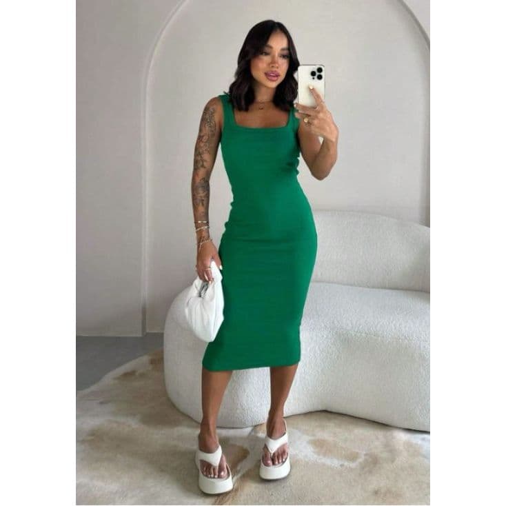 Vestido Feminino Midi Tubinho Canelado Regata Premium Colado Elegante Moda Feminina
