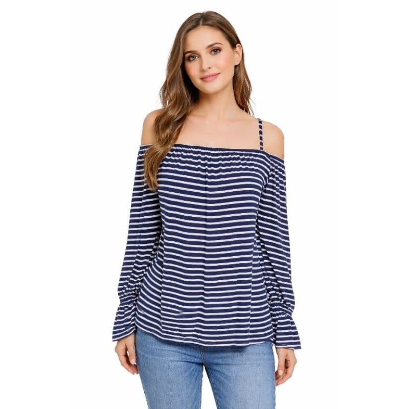 Blusa Feminina Listrada Ombro a Ombro Manga Longa