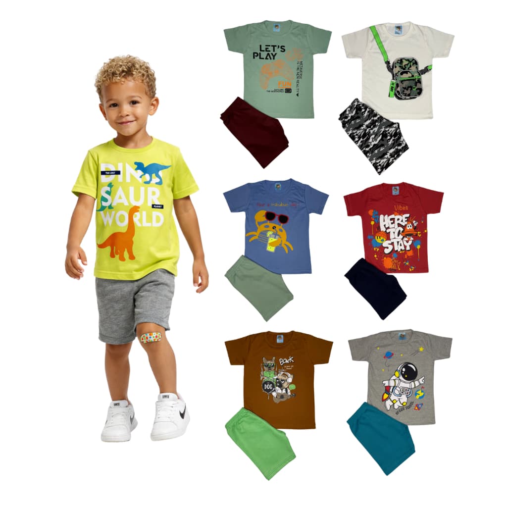 Kit 4 Peças Sortido Roupa Infantil Menino Verão 2 Camisas 2 Bermudas TAM 1 ao 8 Estampas Divertidas