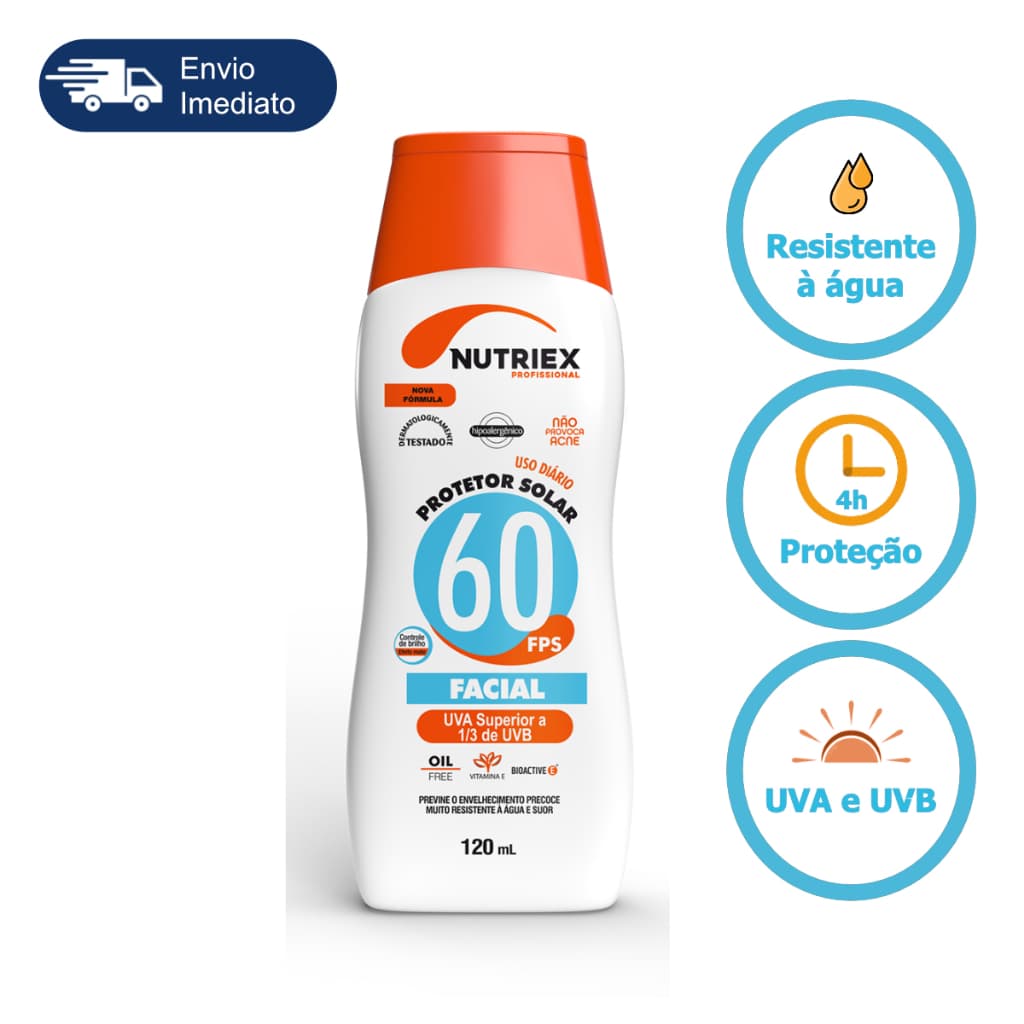 Protetor Solar Facial Bloqueador Fator 60 Fps 120ml Nutriex Profissional Praia Piscina Sol Proteção