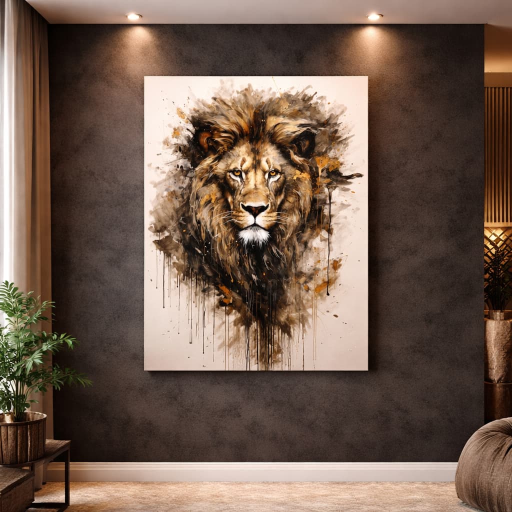 Quadro Decorativo Retrato Realista De Leão Dourado em Tela Branca Arte Moderna Minimalista Luxuosa