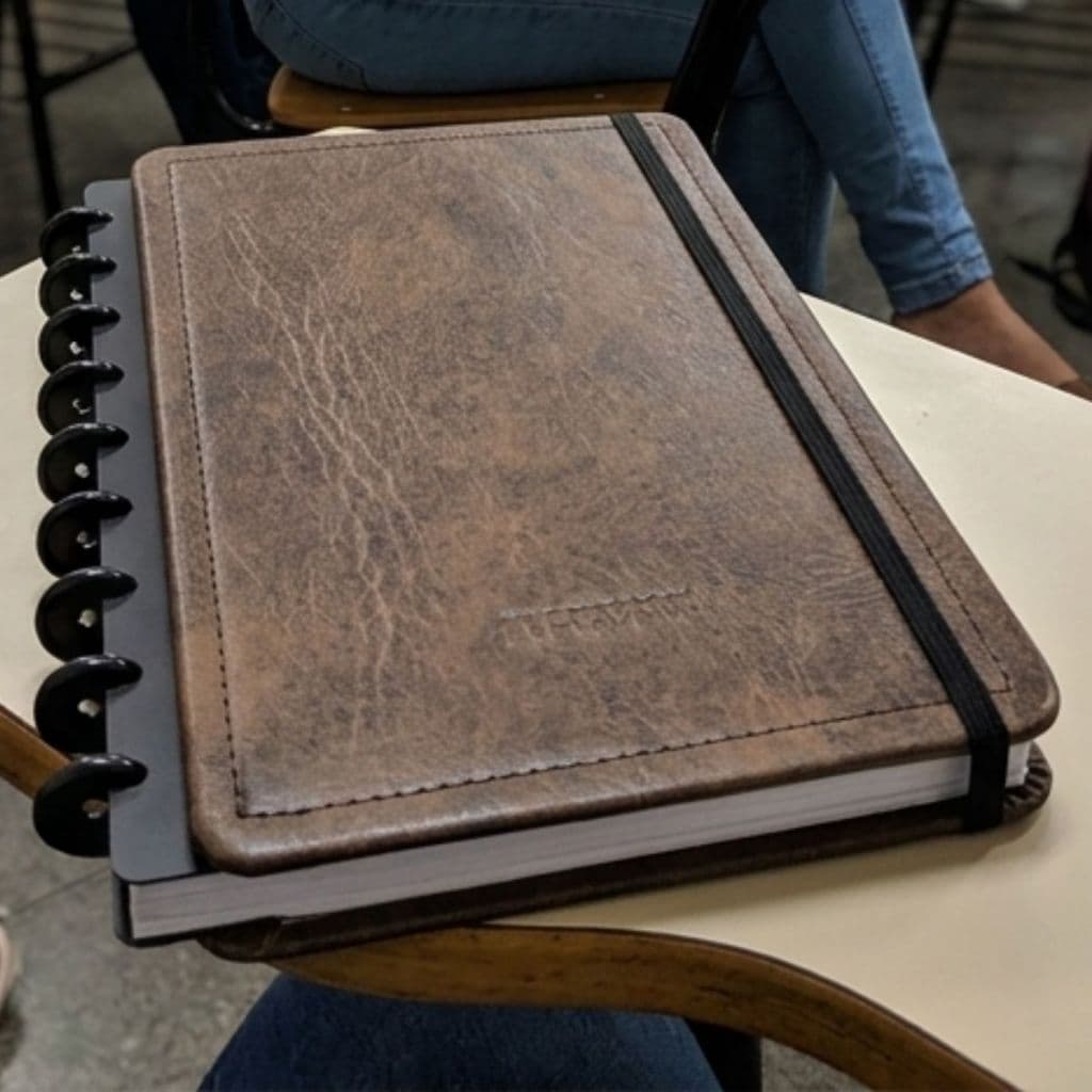 Caderno Capa Dura Couro Médio Folhas Reposicionáveis Elástico Universitário Executivo Agenda Disco