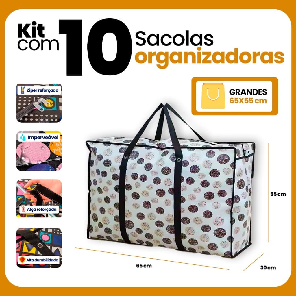 Kit 5un e 10un Sacola Sacolão Mochila Bag Viagem Compras GG Impermeável 80CM Mudança