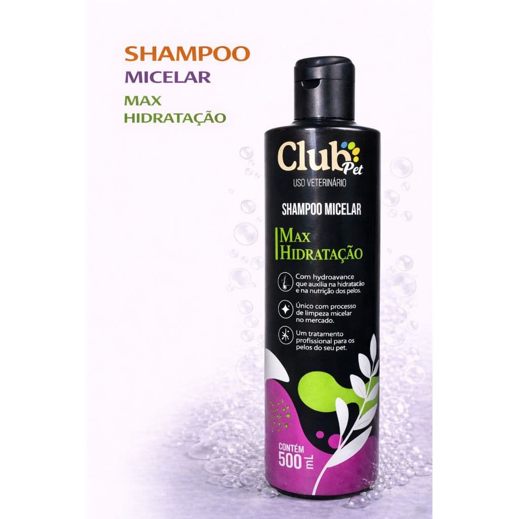 Shampoo Micelar Hidratante Pet Cães e Gatos Hidratação e Nutrição dos Pelos 500ml Club Pet