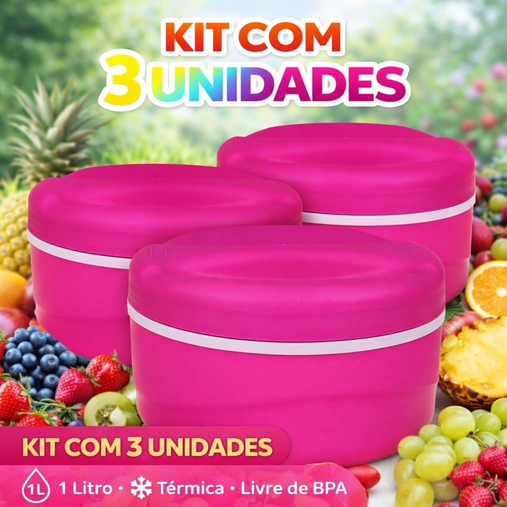 3 Marmitas Rosa 1L com Tampa Rosqueável – Conserva Melhor os Alimentos