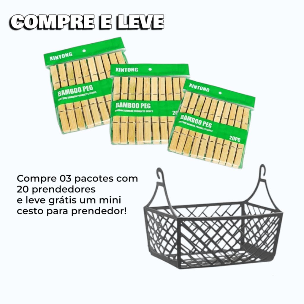 Prendedor de Roupa em Bambu | Kit Econômico com Cesta Organizadora | Opção 3 ou 6 Pacotes