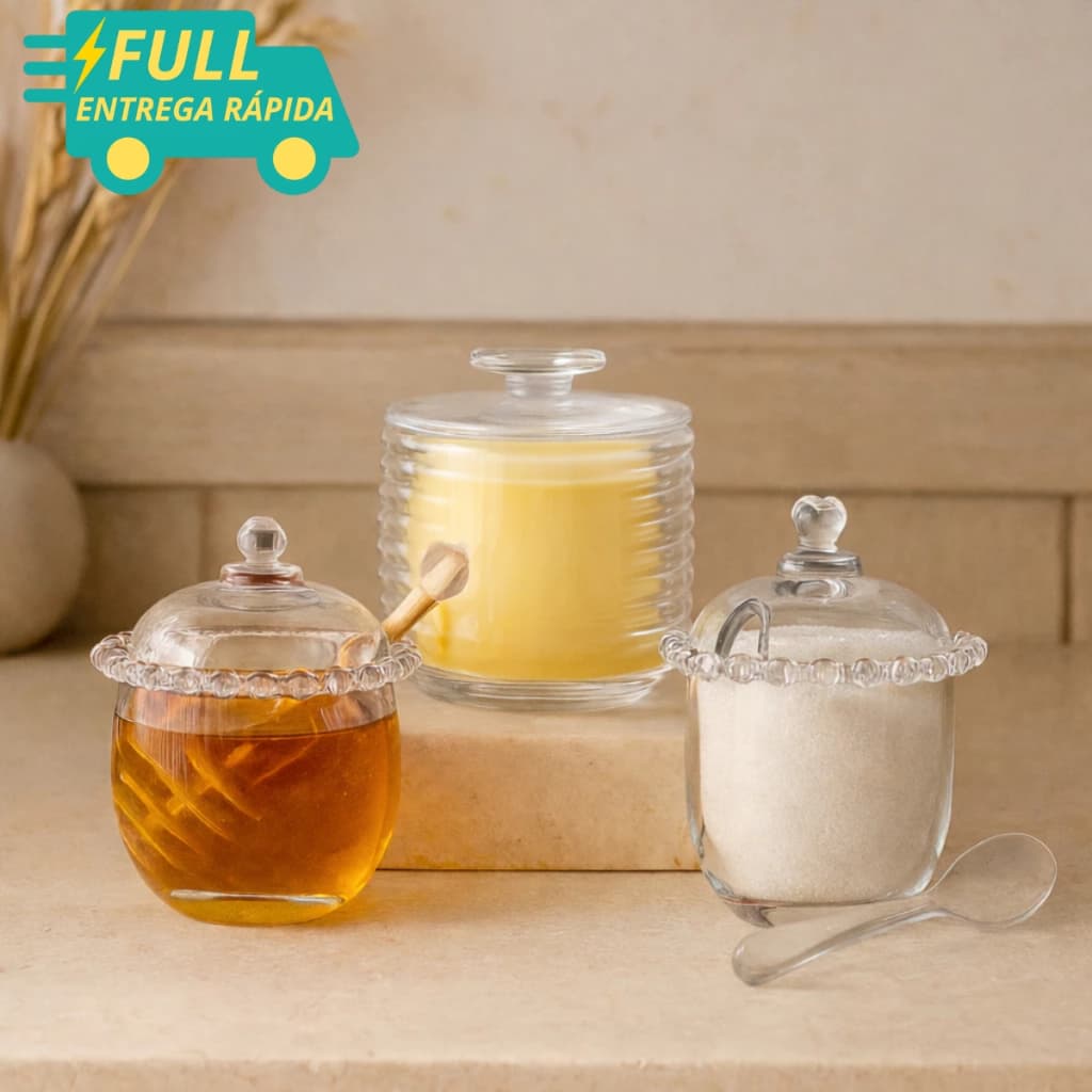 Kit Lyor Mesa Posta Porta Manteigueira Francesa Meleira Açucareiro Pote de Vidro Transparente